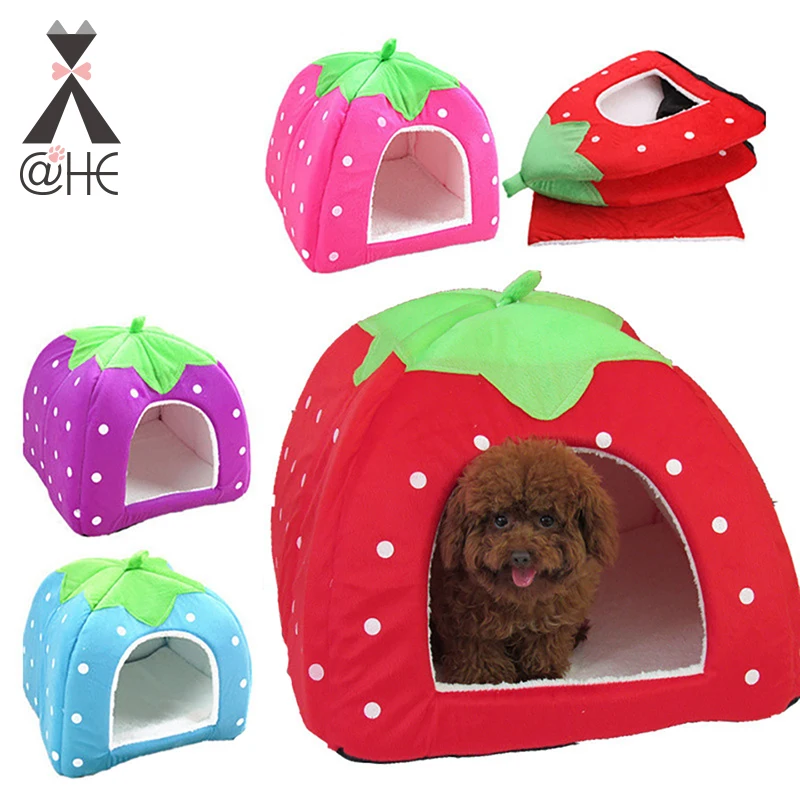HE Soft Strawberry Shape Dog Cat Pet House Foldable Cats Dogs Kennel