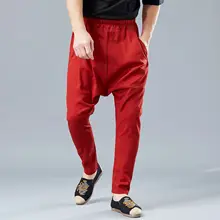 Китайский Стиль льняные трикотажные штаны-шаровары в стиле хип-хоп с заниженным шаговым швом Большие размеры в стиле ретро с эластичной резинкой на талии шаровары