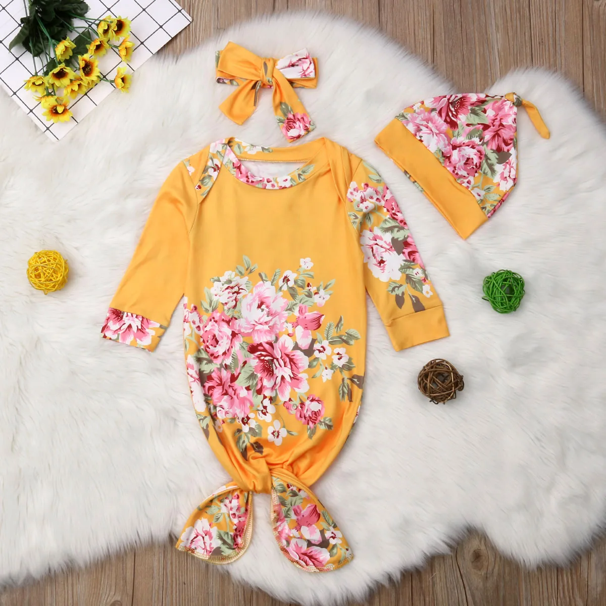 Newborn Baby Floral Swaddling Wrap Blanket Sleeping Bag Swaddle 3Pcs Set