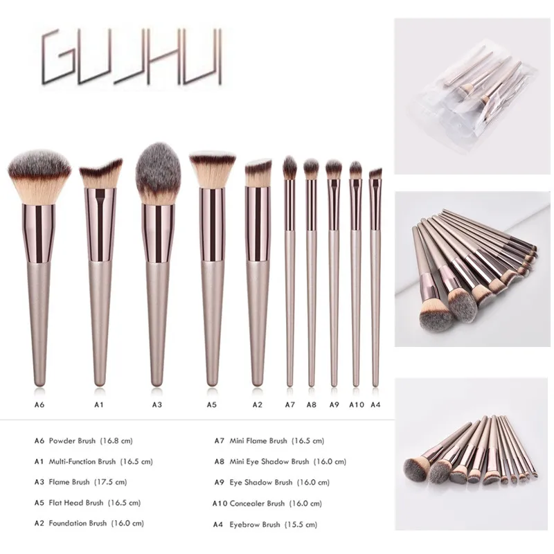 

FR Send 10PCS Champagne Nylon Makeup Brushes Sets Foundation Eyeliner Eyebrow Blush Cosmetic Concealer Brushes Pincel