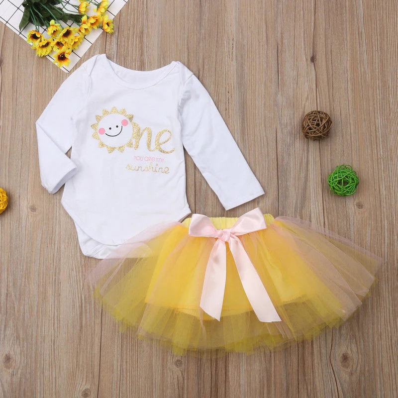 

0-2 Years Baby 1st First Birthday Romper Infant Girl Tops Bodysuit Tutu Dress Party Outfit Set you are my sunshine