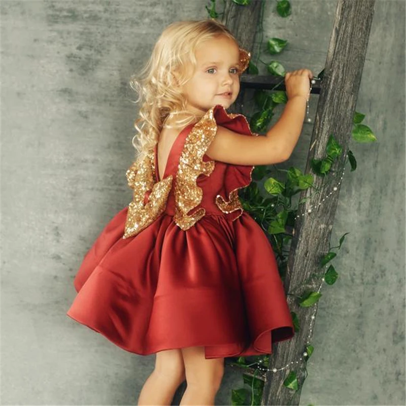 Официальное Платье с открытой спиной и бантом для маленьких девочек, рождественское праздничное платье принцессы с Блестками одежда для От 1 до 5 лет от 6 до 12 месяцев