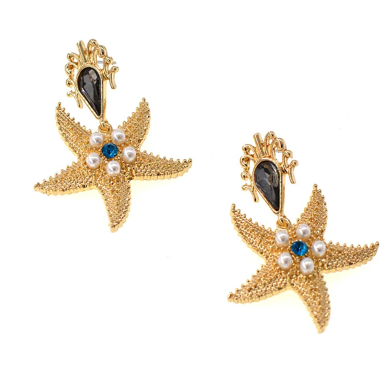 

New Baroque Earrings Retro Five pointed Star Ocean Star Crystal Pearl Earrings Party Wedding Earrings Ms Fashion Jewelry