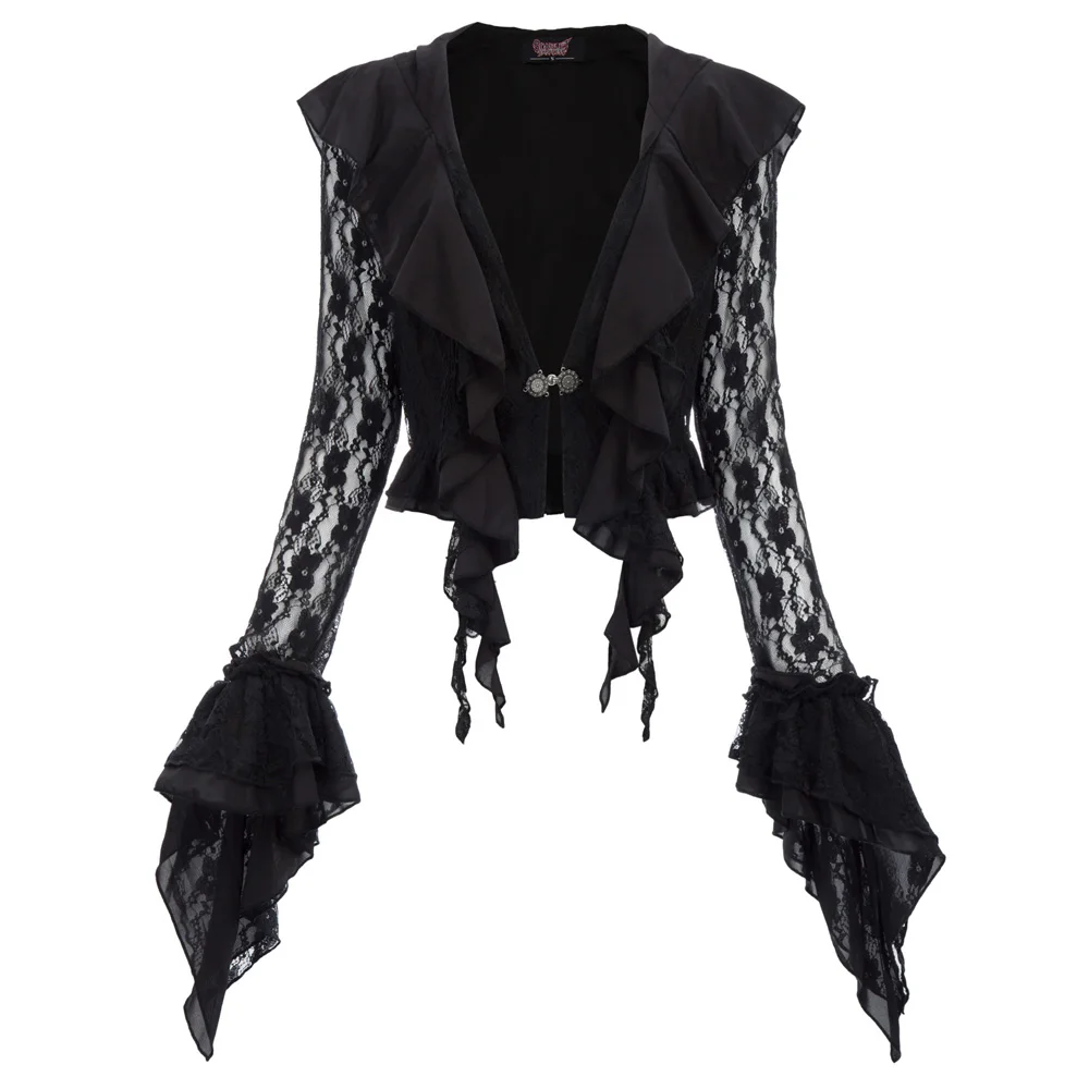 

black Gothic Women coat Vintage style Steampunk Renaissance Frilled Hooded jacket solid color ruffle chiffon Lace Coat Autumn