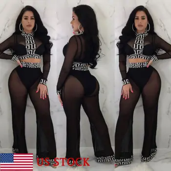 

US Women Sexy Long Sleeve Perspective Mesh Bodycon Jumpsuit Club Casual Clothes