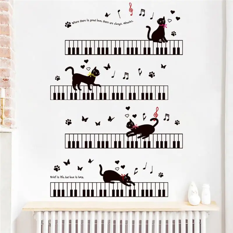 

Music Cat On The Piano Wall Stickers For Kids Rooms Bedroom Art Background PVC Butterfly Wall Decor
