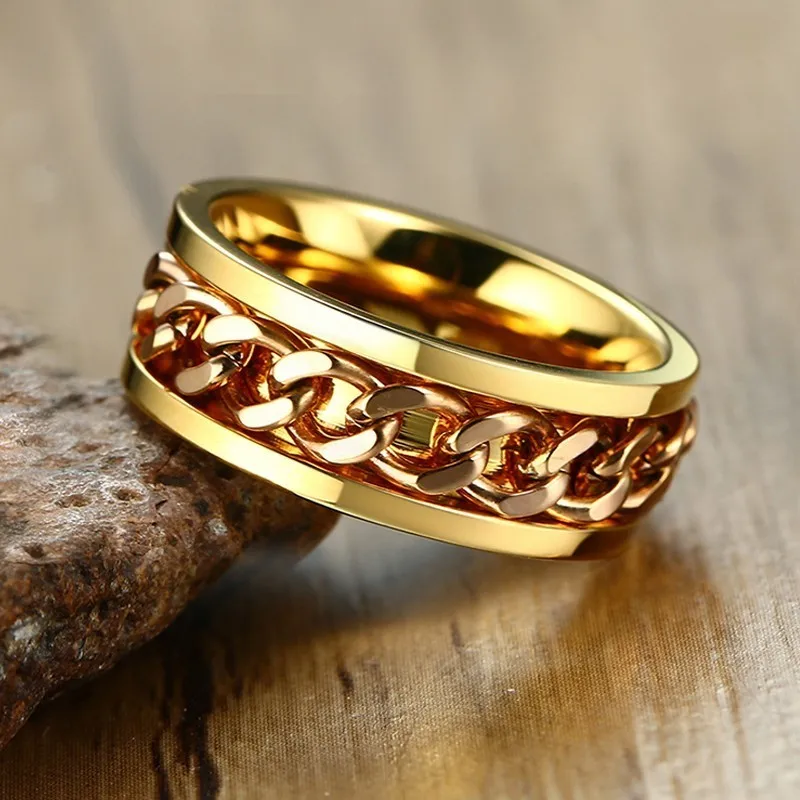 

Chain Cuban Link Spinner Ring For Men Wedding Brands Stainless Steel Motorcycle Jewelry 8mm Width