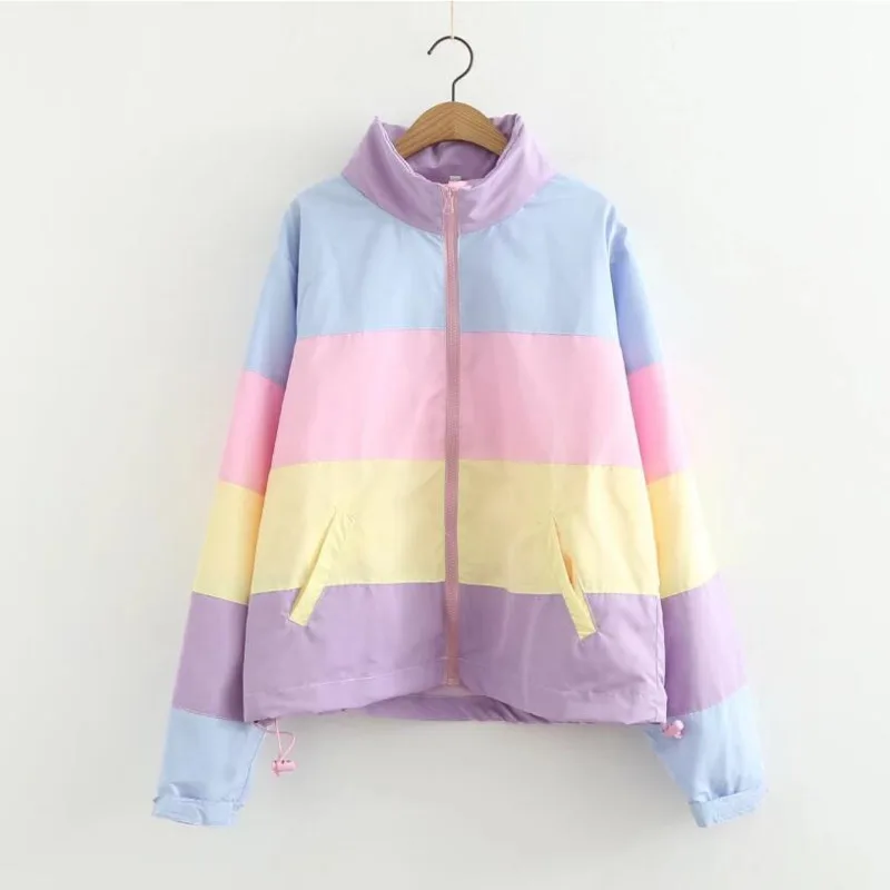

Spring thin Rainbow Jacket with Removable Hat Female Loose Rainbow Splicing Color Coats Women Oversized Short windbreaker A9204