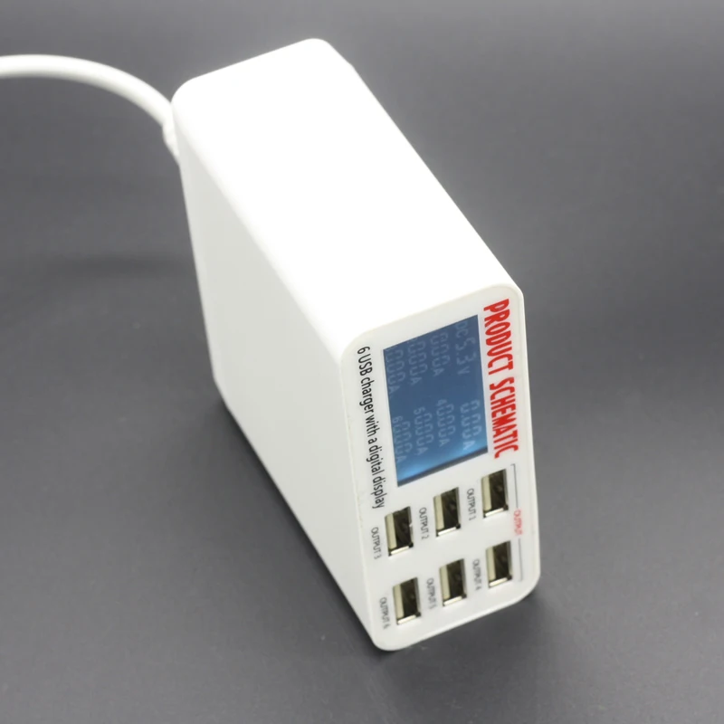 6A with LCD Digital Display 6 Port USB Charger Fast Quick Charge Smart Charging Station Adapter for Smart Phone Tablet PC