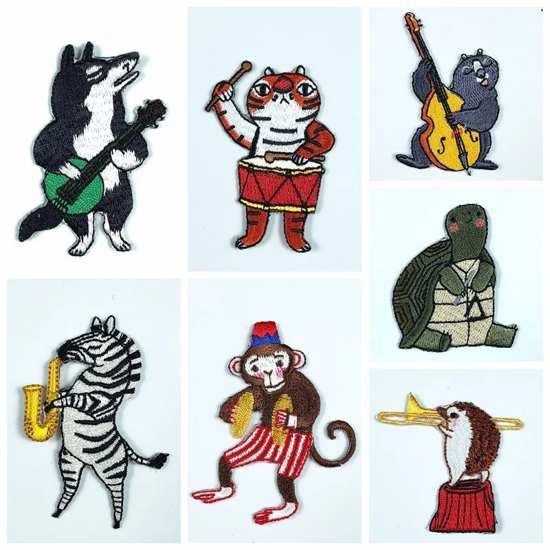 

Cartoon Rock Music Animal Embroidery Patches Iron On Circus Troupe Tiger The Wolf Hedgehog Squirrel Zebra Children Garment Decor