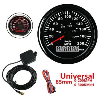 

Universal 85mm GPS Speedometer Gauge Red LED Backlight 9-32V IP67 0-200MPH 0-300KM/H Black Background Black Bezel