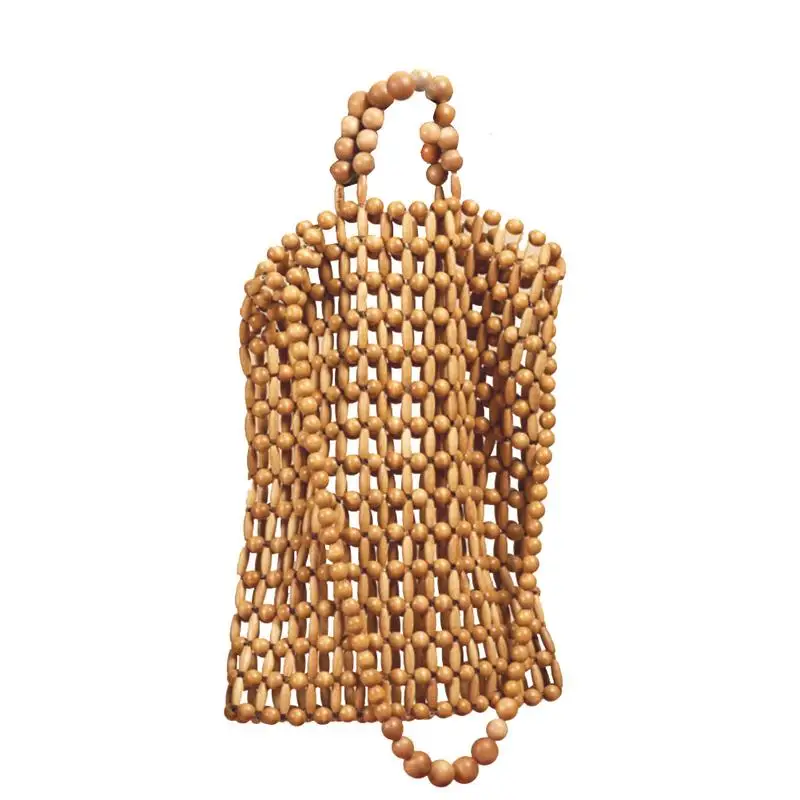 

Hand Knitted Shoulder Beach Bag Handbag Girl Natural Bamboo Wooden Bead Tote Vintage Beach Pouch Hand Bags For Women Ladies Bag