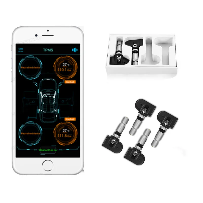 

Rectangle Car BLE TPMS Tire Pressure Monitor System with 4 Internal Sensors Bluetooth Low Energy for iOS Android App Display