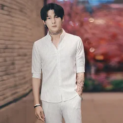 Stripe Men Suit Short Sleeve Shirt Pant Slim Fit Suits Summer Costume Homme Mariage 2pcs Set Smoking Uomo Terno Masculino Stripe Men Suit Short Sleeve Shirt Pant Slim Fit Suits Summer Costume Homme Mariage 2pcs Set Smoking Uomo Terno Masculino