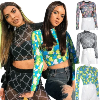 

Women Long Sleeves See Through Sheer Mesh Angel Crop Top T-Shirt Top