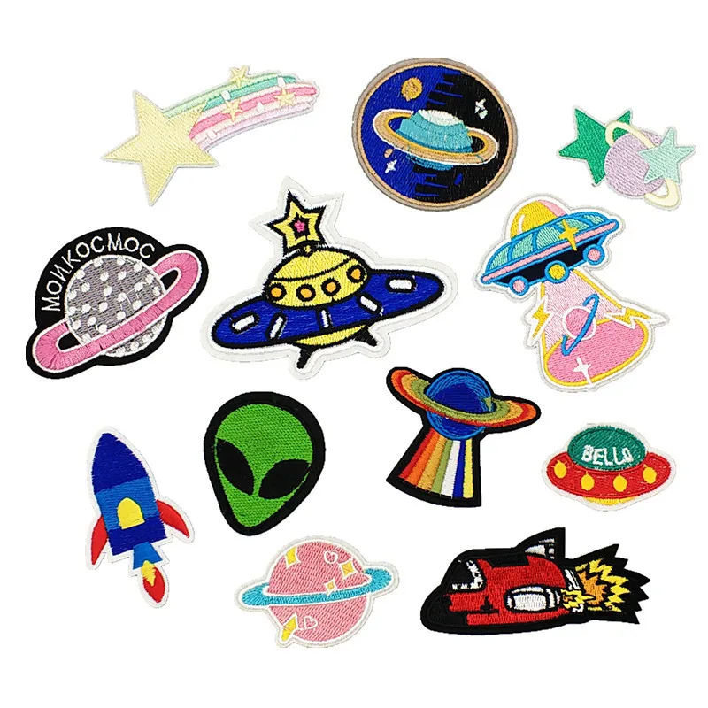 

PGY UFO Alien parches Embroidered Iron on Patches for Clothing DIY Astronaut Stripes Universe Sewing Space Ship Planet Clothes