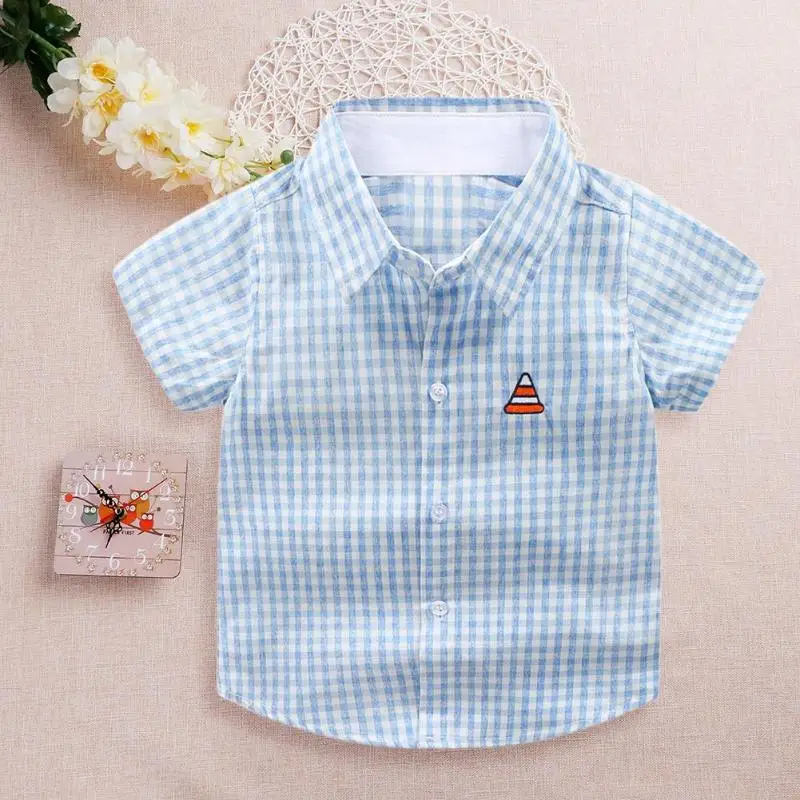 Детская рубашка в полоску с короткими рукавами; милые хлопковые топы для мальчиков с отложным воротником; детская одежда с вышивкой