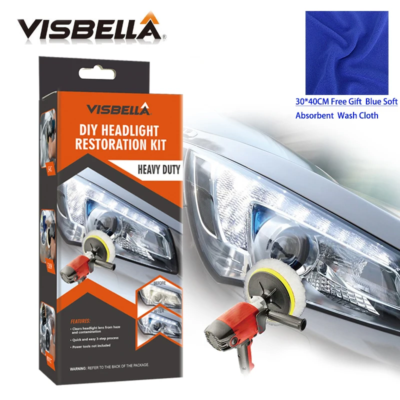 VISBELLA Headlamp Polishing Paste Kit DIY Headlight Restoration for Car Auto Care Repair Hand Tool Sets  by machine with cloth