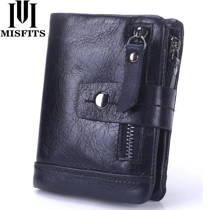 MISFITS 2019 NEW Genuine Leather Men Wallets Casual Zipper Coin Purse With Card Holder Brand Cowhide