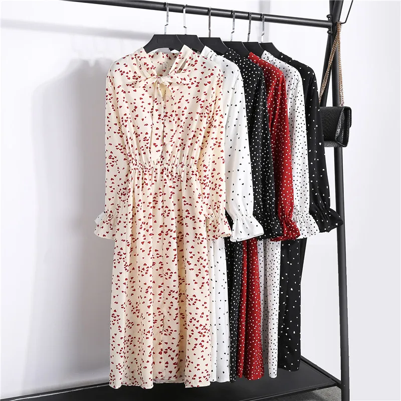 

2019 Fashion New Spring Autumn Women With Floral Dress Show Thin Split Chiffon Slim Red Black Love Dresses