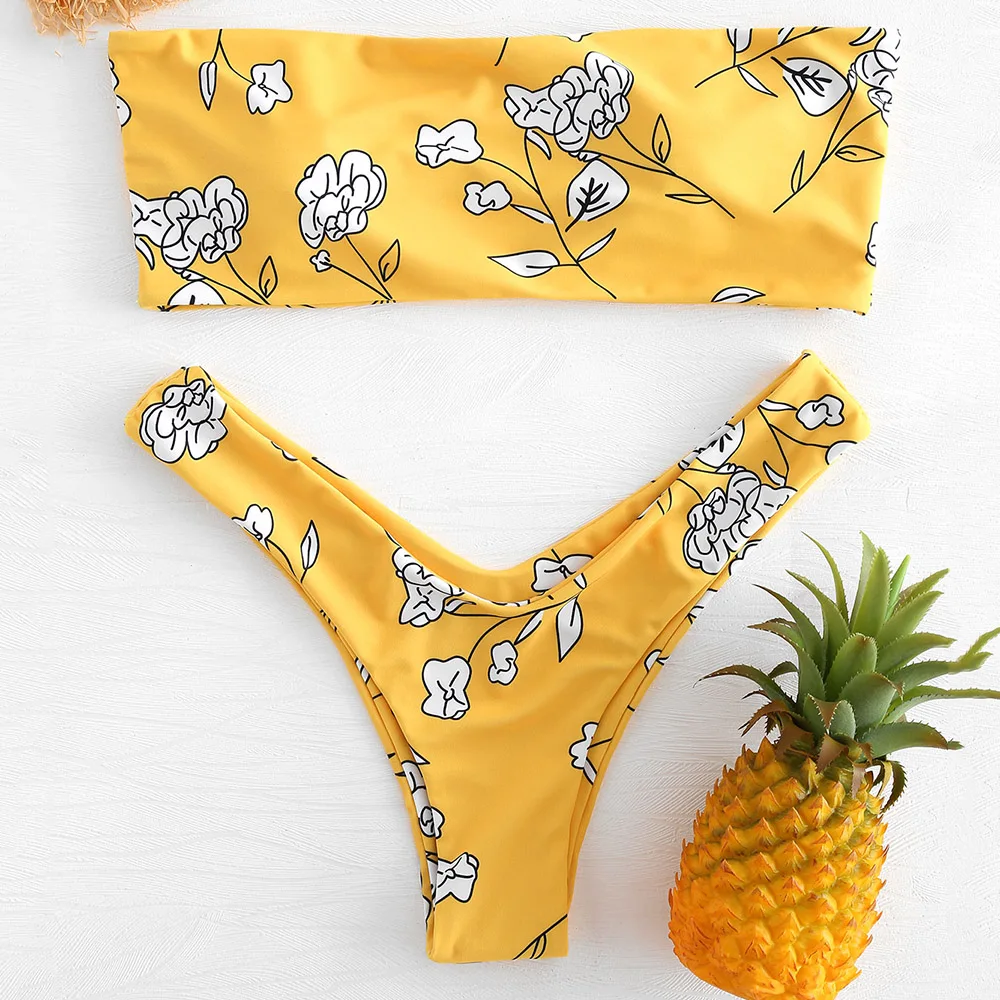 

ZAFUL Female Bandeau Bikini Swimwear Women High Cut Swimsuit Sexy Strapless Floral High Leg Bikini Set Biquni Padded Bathing Sui
