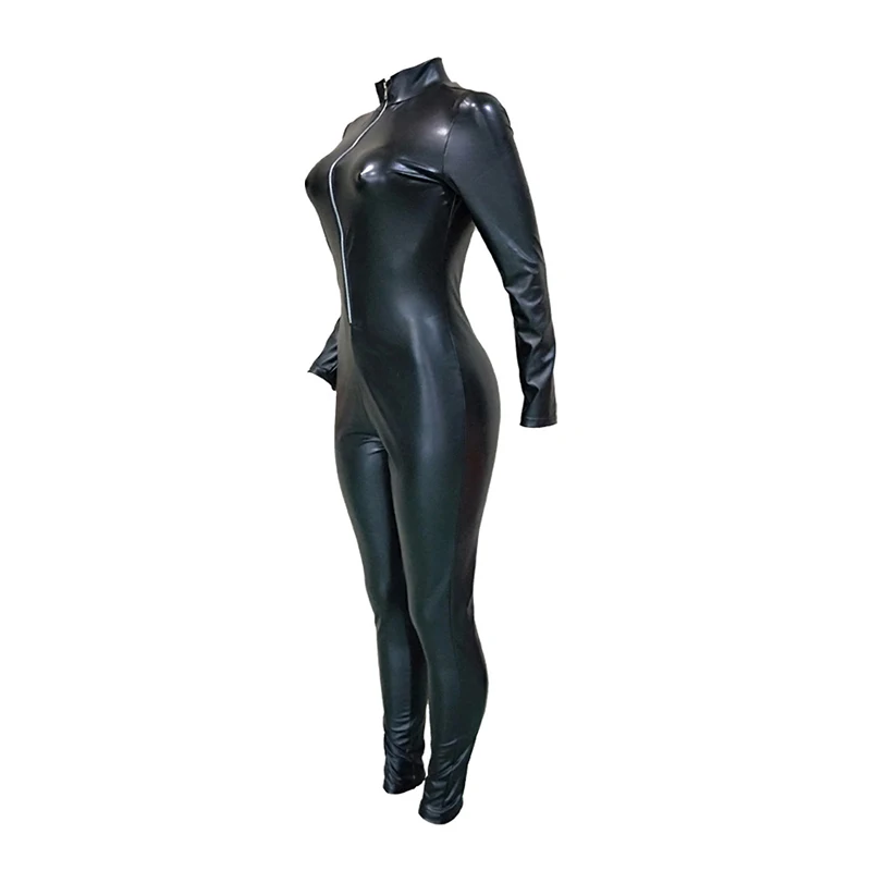 Skup Nowe damskie seksowne kombinezon slim wiosna jesień party Wetlook spodnie skórzane czarne obcisłe fajne w stylu streetwear Clubwear jednoczęściowe kombinezony robocze