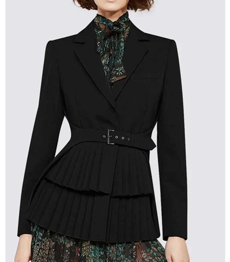 Autumn Winter Notched Long Slim Blazers Vintage Women Pleated Blazer Sashes Long Sleeve Female Tops