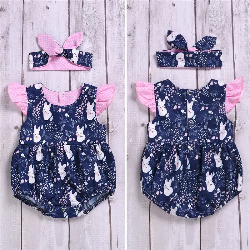 

2019 0-24M Newborn Kids Clothes Infant Baby Girls Bodysuit Fly Sleeve Jumpsuit Summer Fox Bodysuit+Headband 2pcs