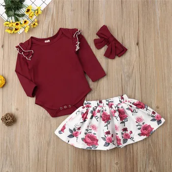 

Newborn Baby Girl clothes Ruffle long sleeve round neck Geometry Bodysuit Floral print Skirts Bow solid Headband 2pc kids Outfit