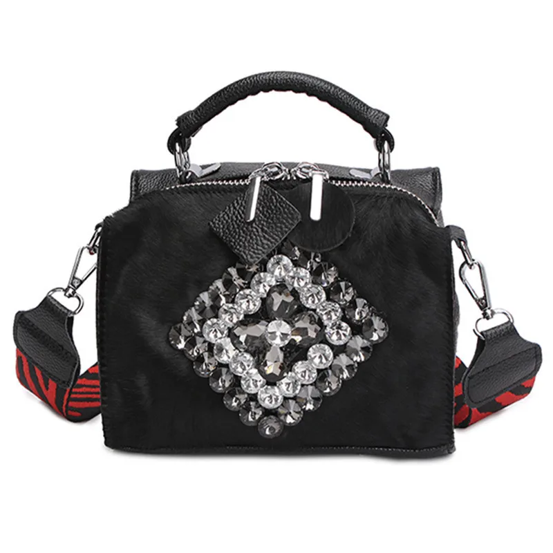 Goede Herfst En Winter Warm Bont Tassen Lederen Diamond Handtas Paard Haar Antieke Avond Bakken Brede Schouderriem Cossbody Satchel
