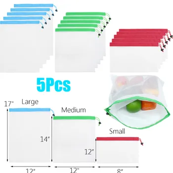 

5 Pieces Multifunctional Reusable Shopper Bag Polyester Shopping Bags Recycle Grocery Bags Drawstring Mesh Storage Bag Food