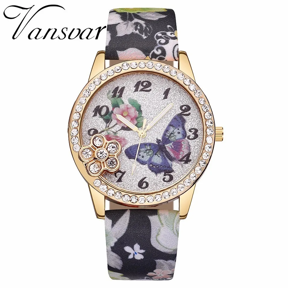 

Vansvar Brand Fashion Women Butterfly And Flower Pattern Watch Casual Luxury Leather Quartz Wristwatches Relogio Feminino