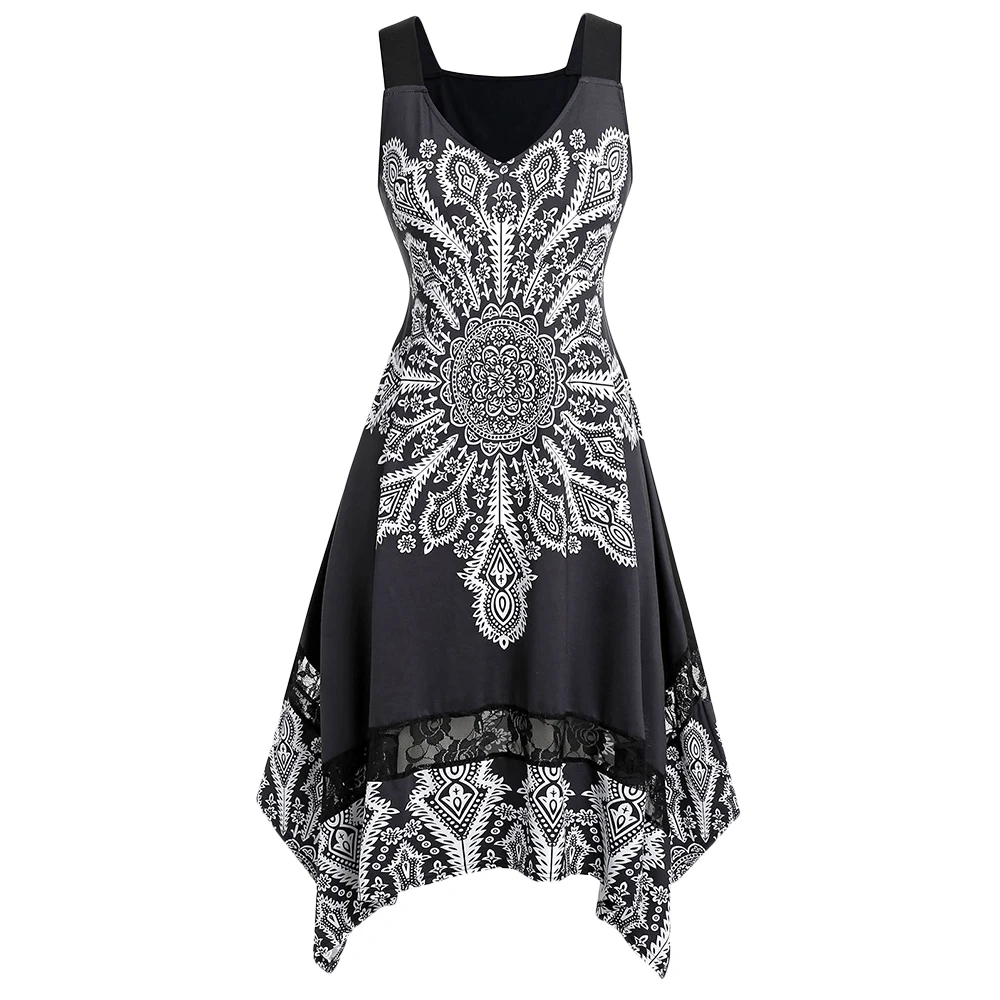 

ROSEGAL Plus Size Asymmetrical Printed Dress Knee Length V-Neck Sleeveless Women Summer Dress 2019 Vintage Vestidos Big Size 5XL