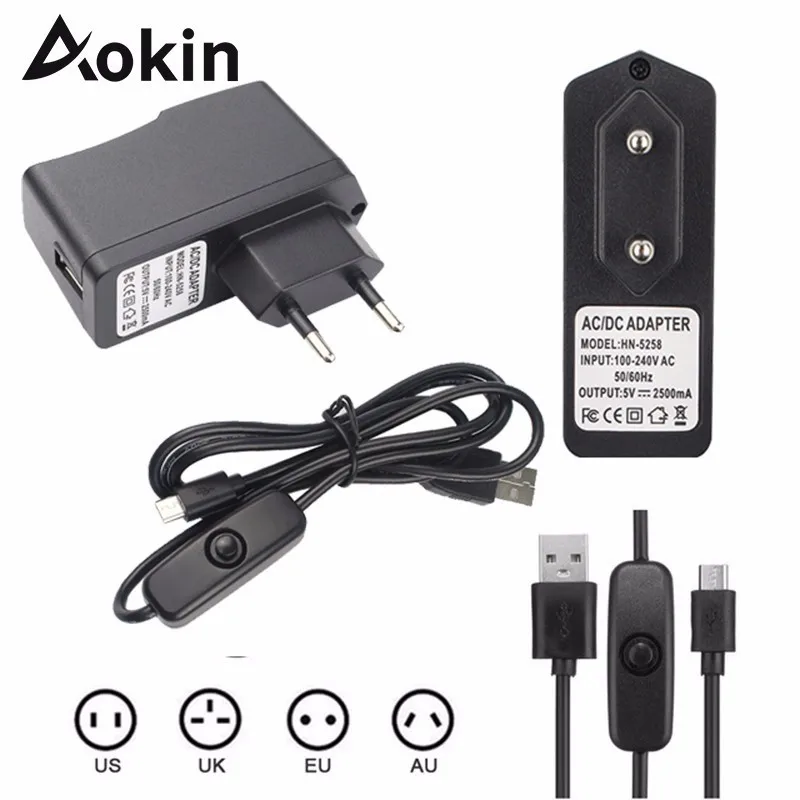 

Aokin EU/US/AU/UK 5V 2.5A AC Adapter For Raspberry Pi 3 2 Power Charger With On Off Power Switch 1M Micro USB Cable