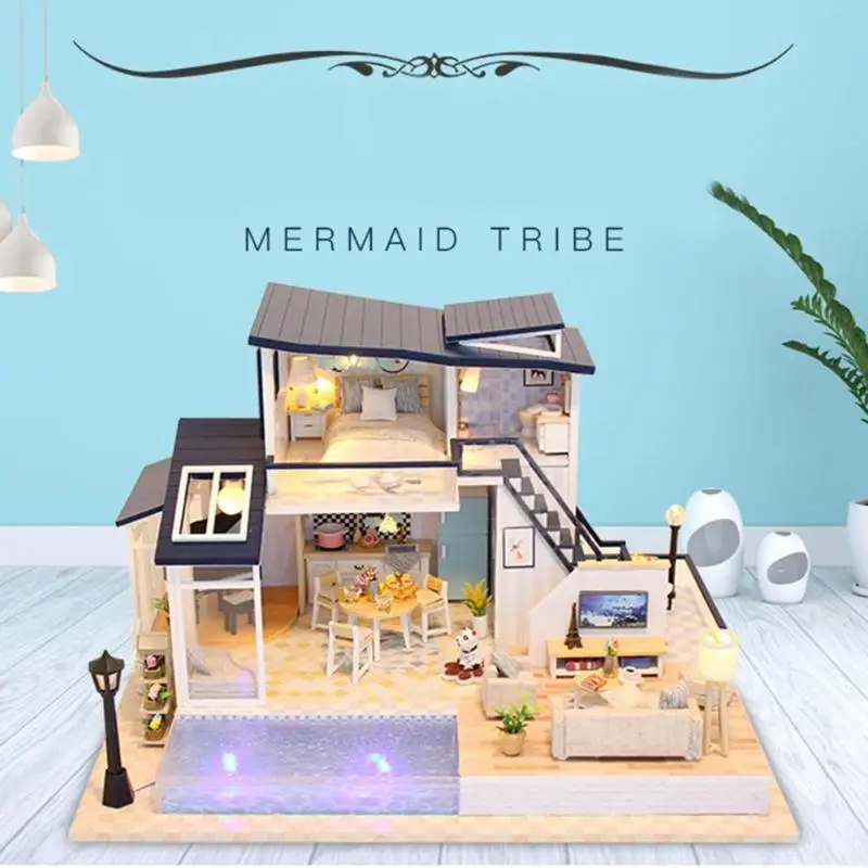 

Blue Home Dollhouse DIY Puzzle Assemble Doll House Miniature Wooden House with Furnitures Toys for Children Birthday Gifts Craft