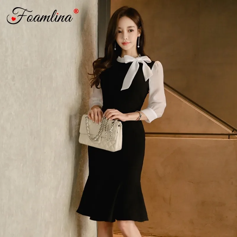 Foamlina элегантное женское лоскутное облегающее платье в Корейском стиле OL модное облегающее платье с бантом 3/4 рукав оборки офисное платье на каждый день