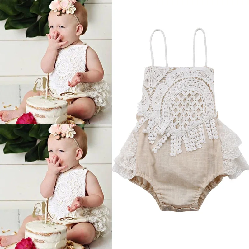 

2019 Hot Newborn Baby Girl Clothing Featured Lace Shoulder Strap Bodysuit Jumpsuit Outfits Clothes Sets