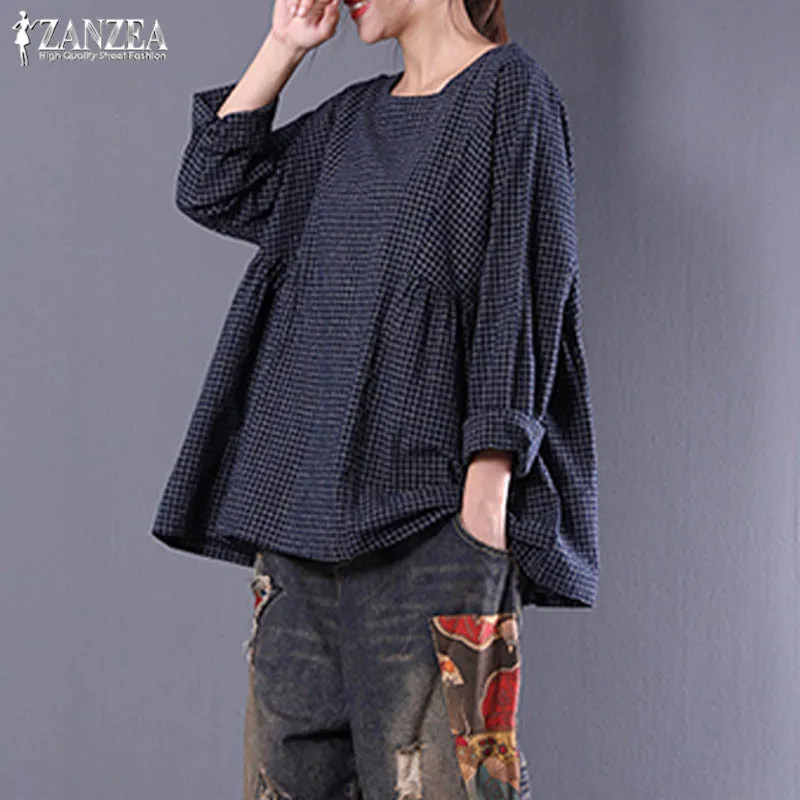 

Plus Size Blouse 2019 ZANZEA Women Check Top Vintgae Casual Plaid Blusas Female Long Sleeve Pleated Linen Shirts Kaftan Chemise