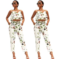 Two Pieces Set Fashion Women Strapless Shoulder Off Ruffles Crop Top High Waist Summer Casual Pants Floral Printed Suit Two Pieces Set Fashion Women Strapless Shoulder Off Ruffles Crop Top High Waist Summer Casual Pants Floral Printed Suit