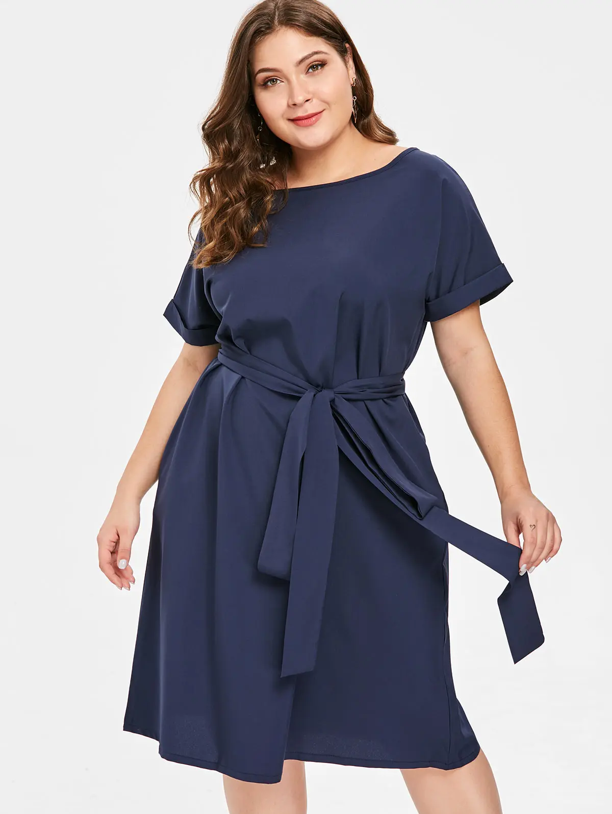 

Wipalo Women Summer Vintage Short Sleeve Plus Size A Line Dress With Belted A-Line Dress Stretchy Solid Color Dress 6XL