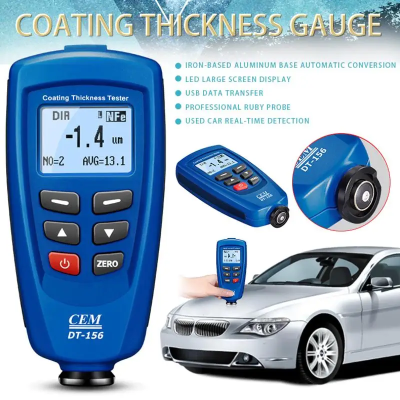 

Digital DT-156 Paint Coating Thickness Gauge Meter Tester 0~1250um With Built-in Auto F & NF Probe/USB Cable/CD Software