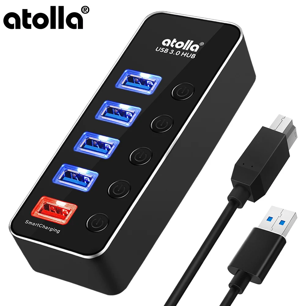 

atolla 4-Port USB 3.0 Hub, Smart Fast Charging usb hub with power adapter, Individual On/Off and Detachable USB Extension Cora