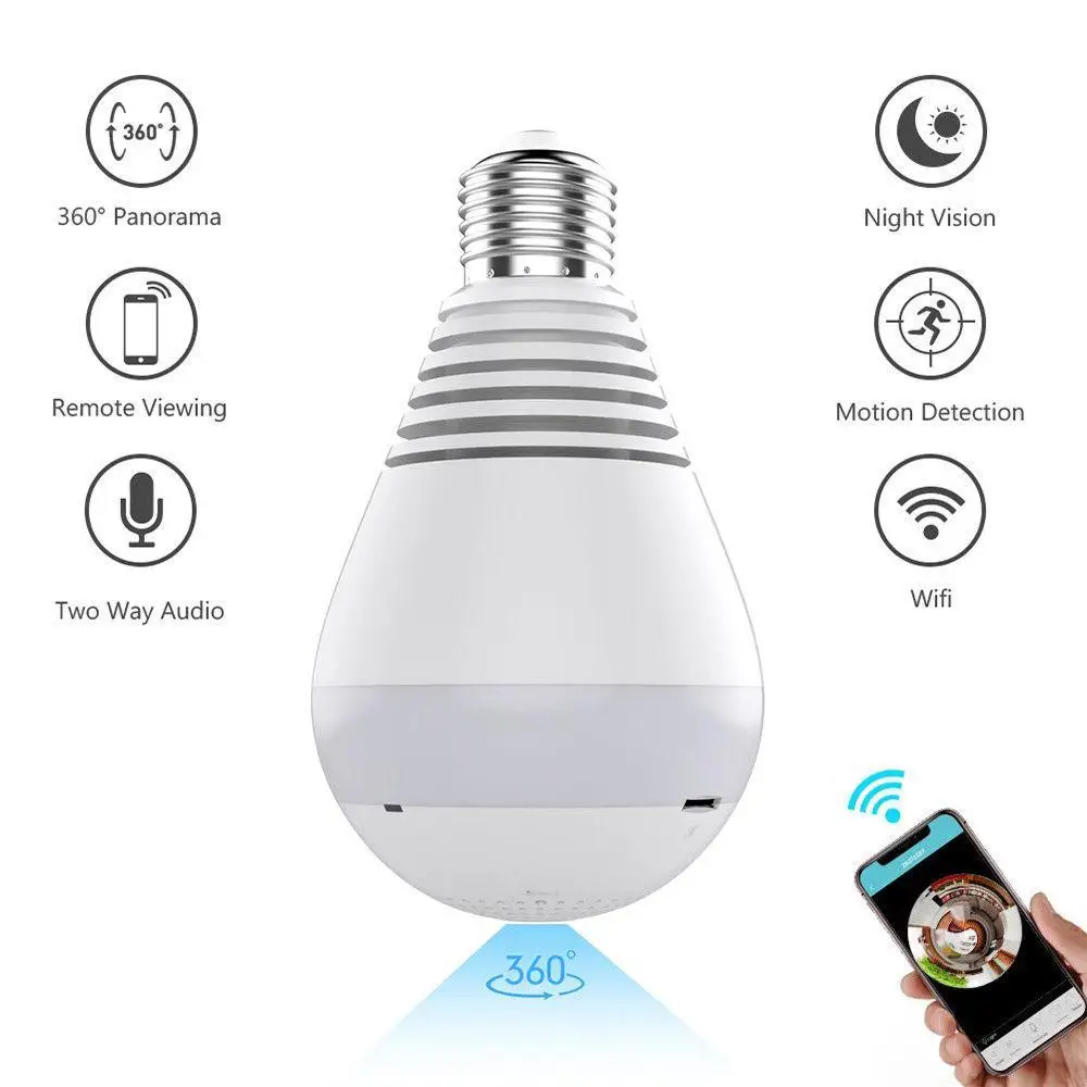 

360 Degree Wireless IP Light Camera 1080P E27 Bulb Lamp Panoramic FishEye Smart Home Monitor Alarm CCTV WiFi Security Camera r20