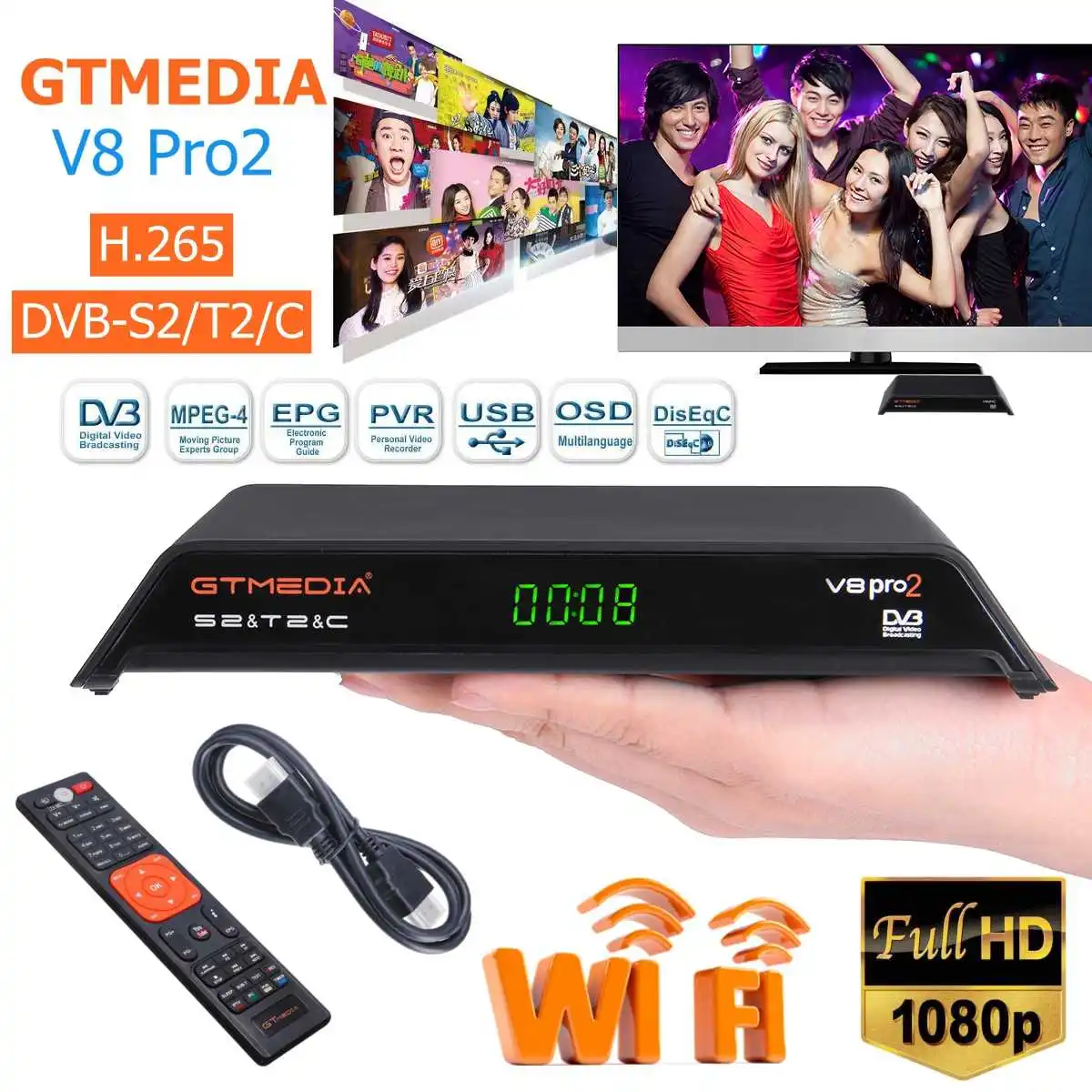 

GTmedia V8 Pro 2 Receptor DVB-S2 DVB-C DVB-T2 Built-in WiFi H.265 Support PowerVu DRE &Biss key Satellite TV Receiver 1080P