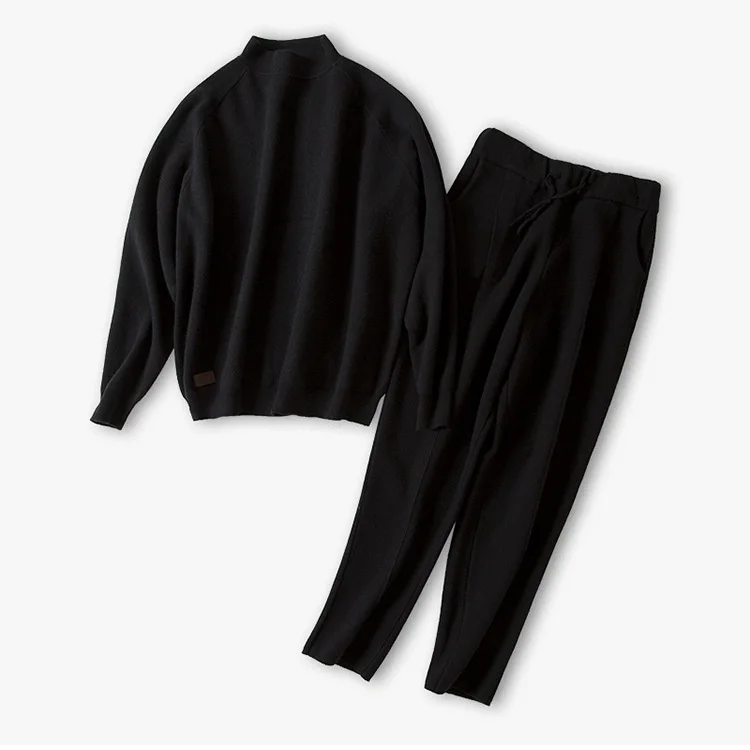 Cashmere Cotton Wool Blend Thick Knit Women Fashion Sweatshirts Tracksuit Pullover And Pants 2 Piece Set