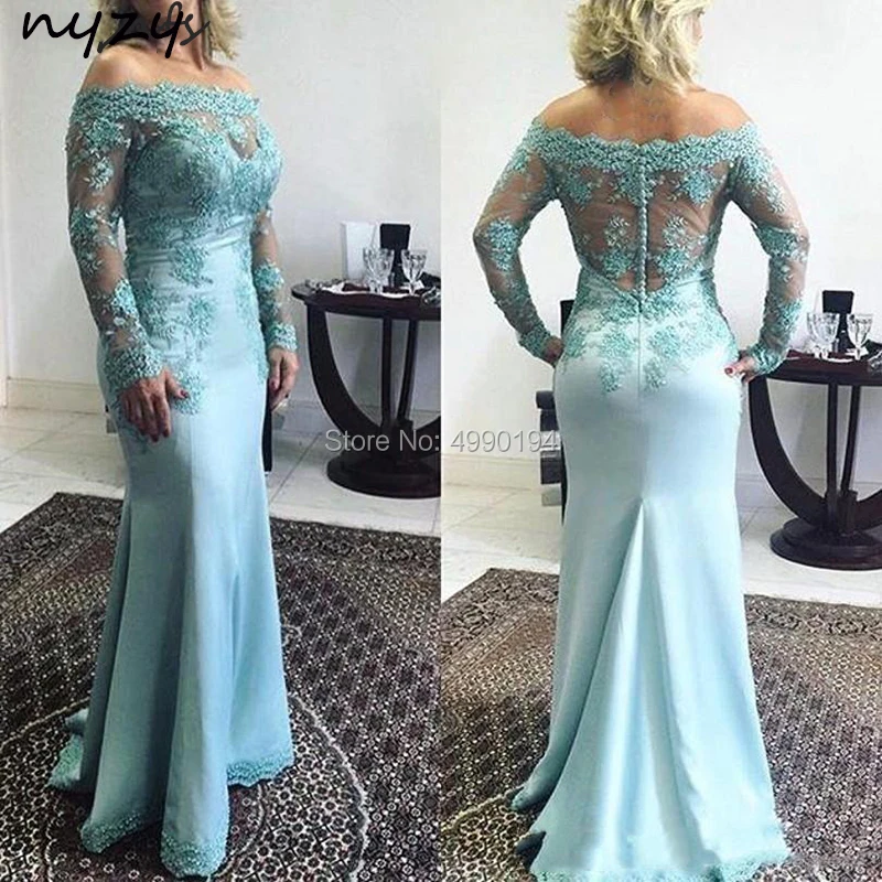 

NYZY M33 Long Mother of Groom Dress Elegant Satin Off Shoulder Lace Long Sleeves Mermaid Dress for Mother of Bride Wedding Party