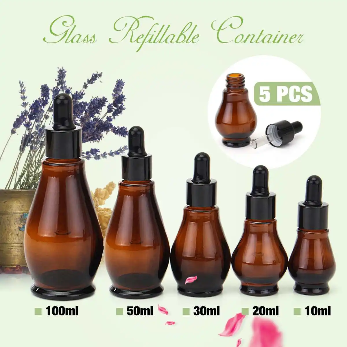 

5pcs Amber Glass Makeup Dropper Bottle 100ml Essential Oil Perfume Pipette Bottles Refillable Empty Container 10/20/30/50/100ml