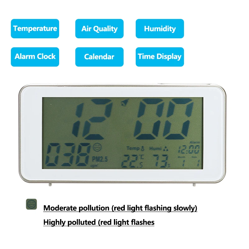 

Digital Air Quality Monitor PM2.5 Temperature Humidity Smart Clock USB Air Monitoring Electronic Timer 100-240V