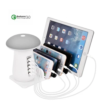 

60PCS USB 5Ports Charging Docking Station With Mushroom LED Desk Lamp-3.0 Quick Charge Multiple Charger Station for Smartphone