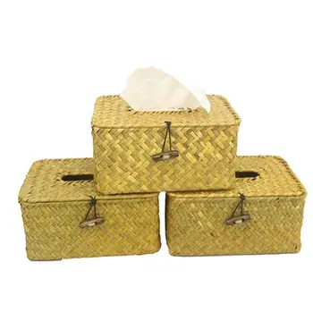 

1PC Seagrass Handmade Knitting Weave Handwoven Paper Cover Napkin Holder Tissue Box for Car Livingroom Bathroom Desk
